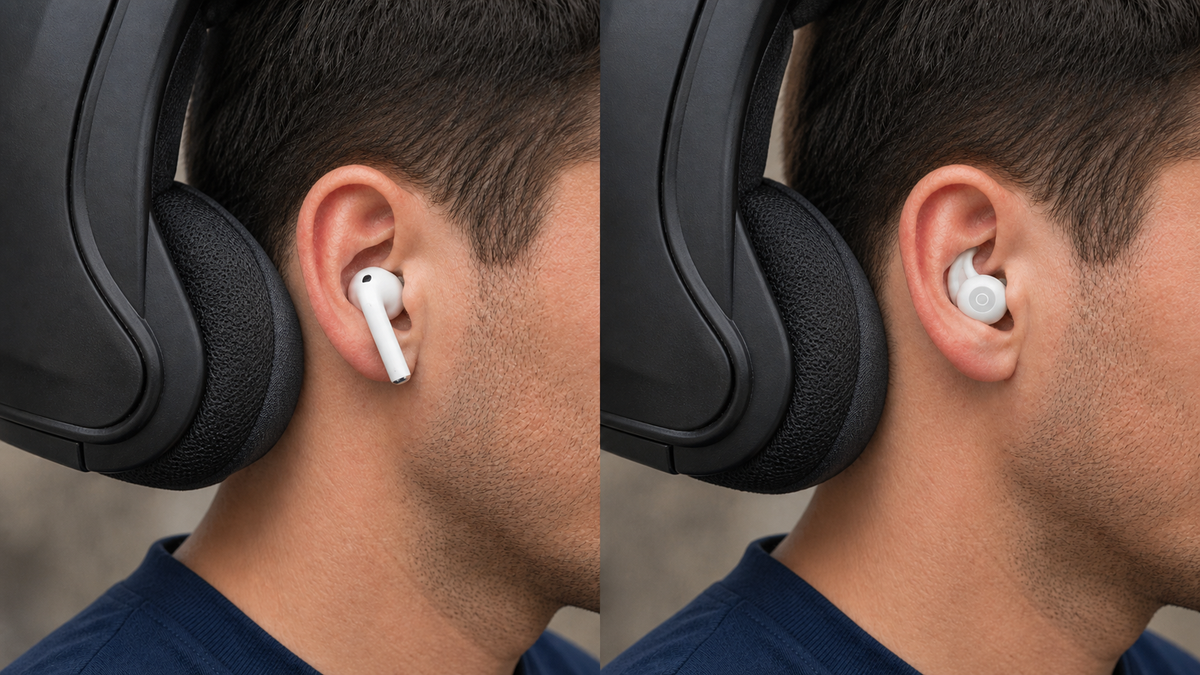Two side by side close-ups of the same ear beneath a padded ear cup. On the left a stemmed earbud stands proud and meets the cushion. On the right a Tuck bud sits flush in the ear and the cushion passes over it.