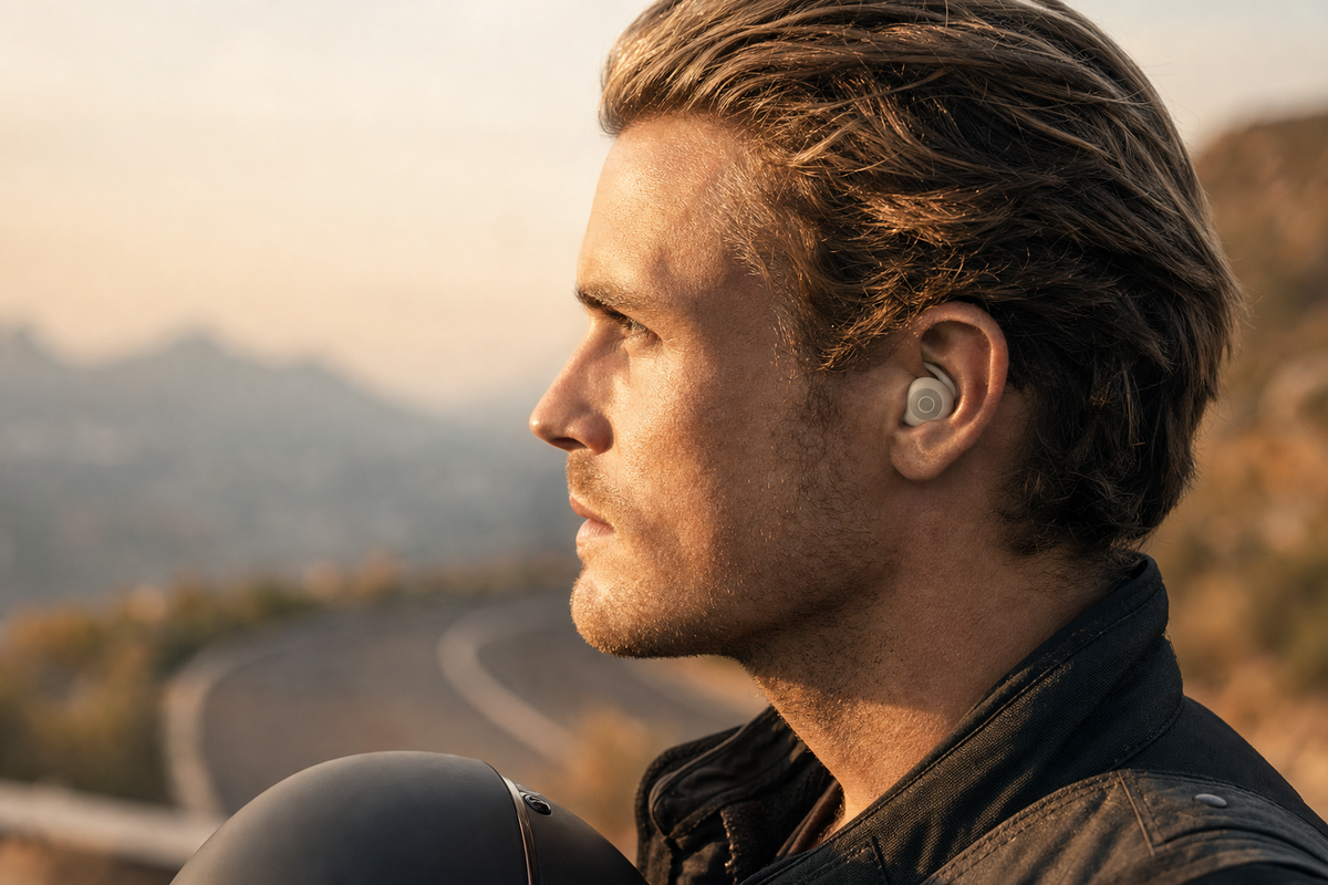 Side profile of a motorcyclist wearing a Tuck Buds earbud, helmet in hand on a mountain road at sunset