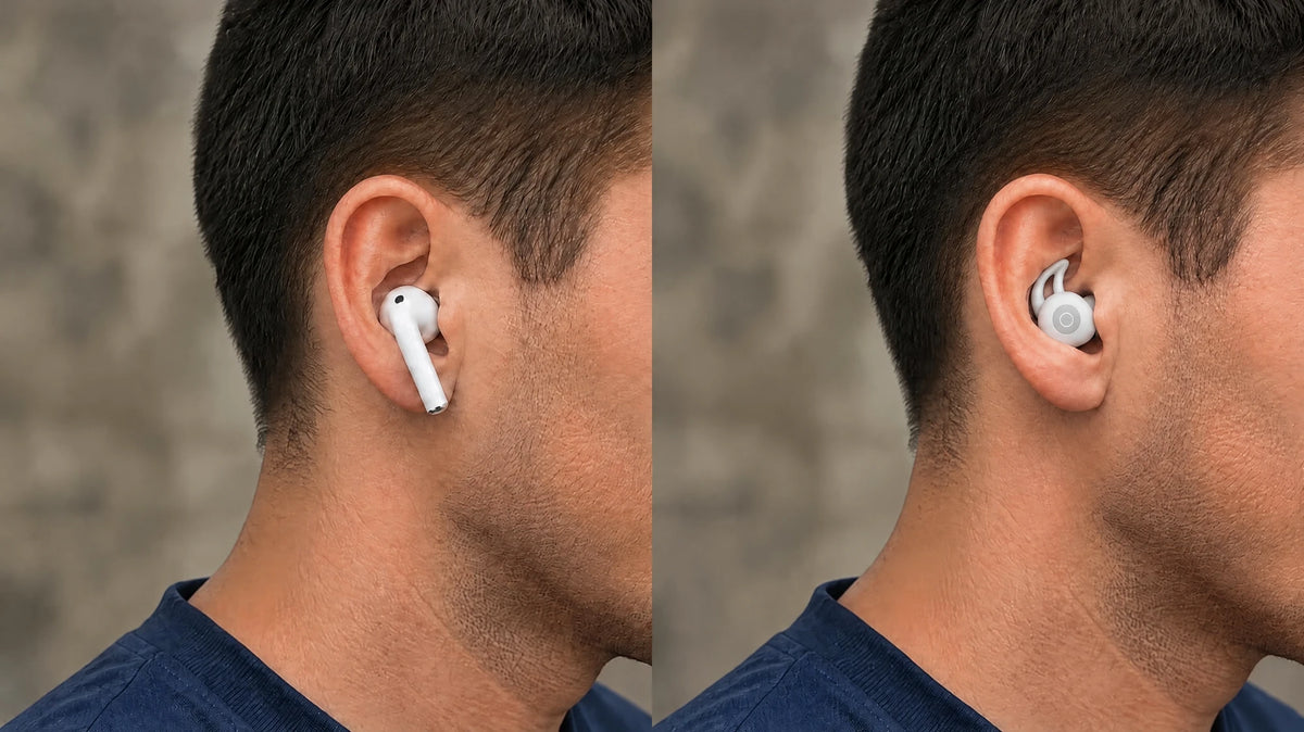 Side-by-side of a man's ear: a regular earbud sticking out on the left, a flat Tuck bud sitting almost flush on the right