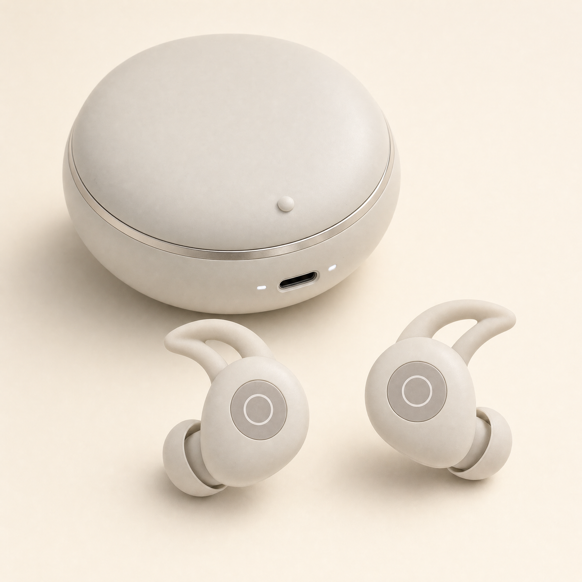 Alpine White Tuck Buds wireless earbuds beside their charging case