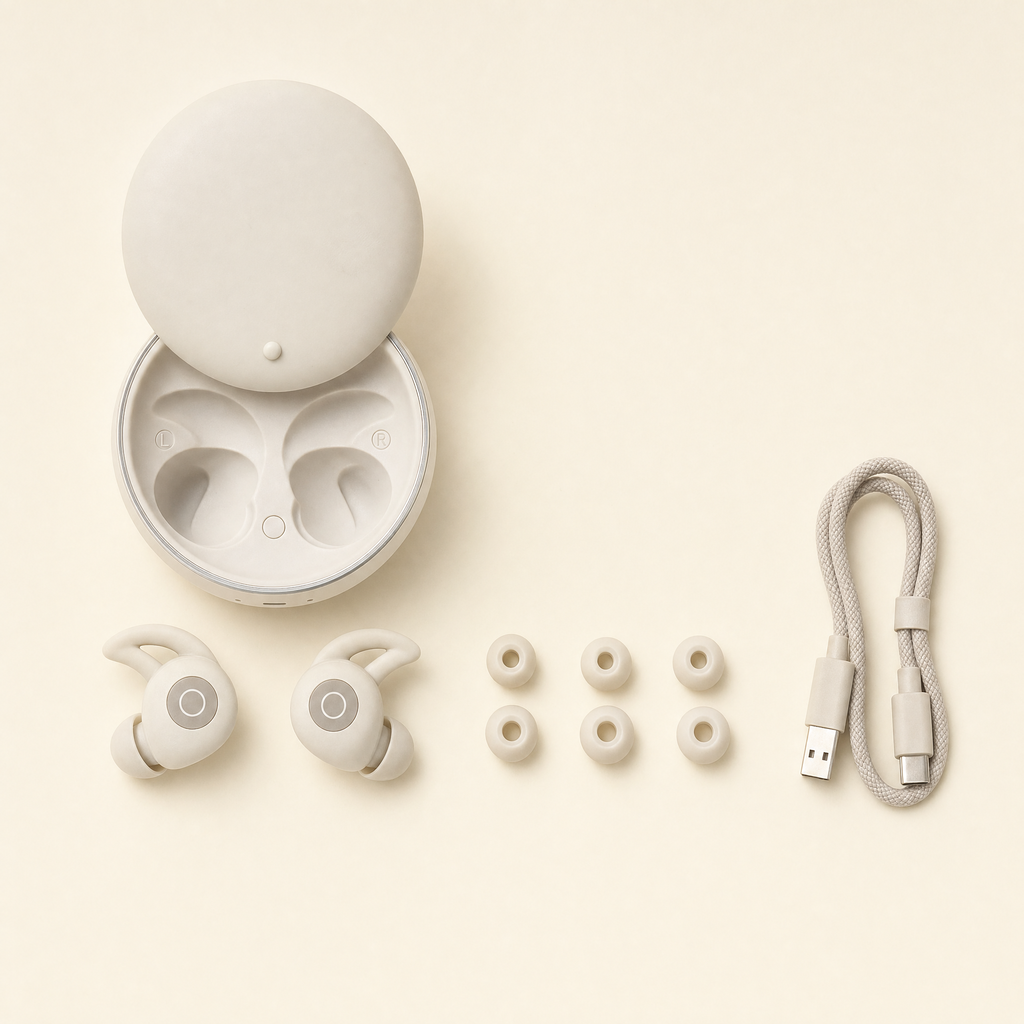 Tuck Buds with charging case, three sizes of silicone tips and charging cable
