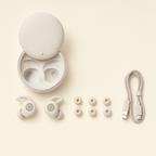 Tuck Buds with charging case, three sizes of silicone tips and charging cable
