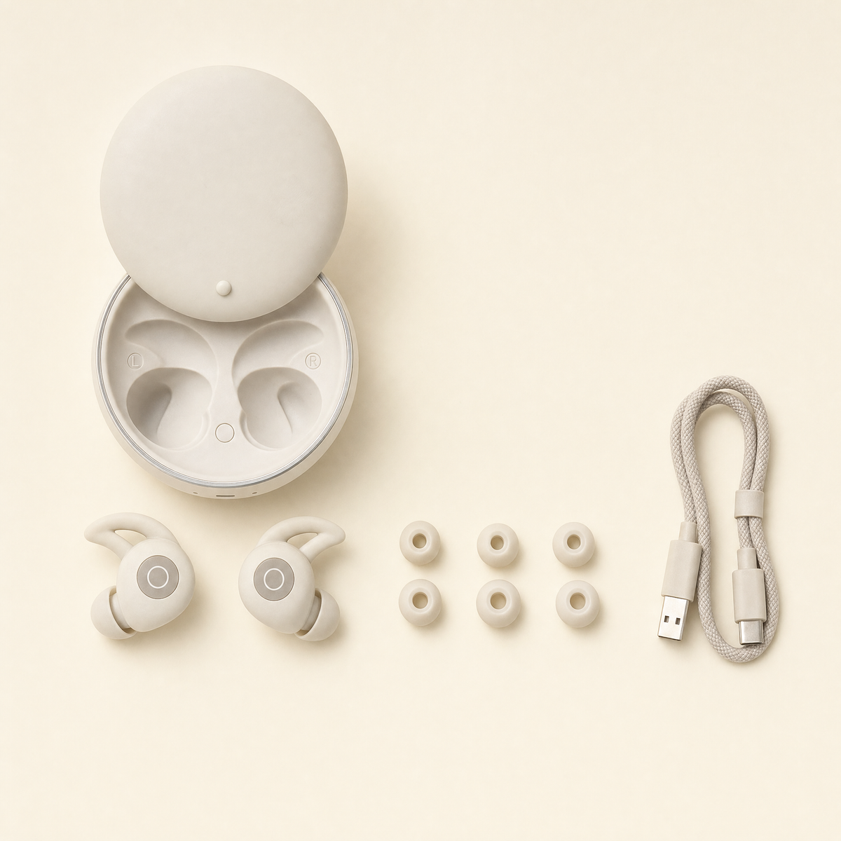 Tuck Buds with charging case, three sizes of silicone tips and charging cable