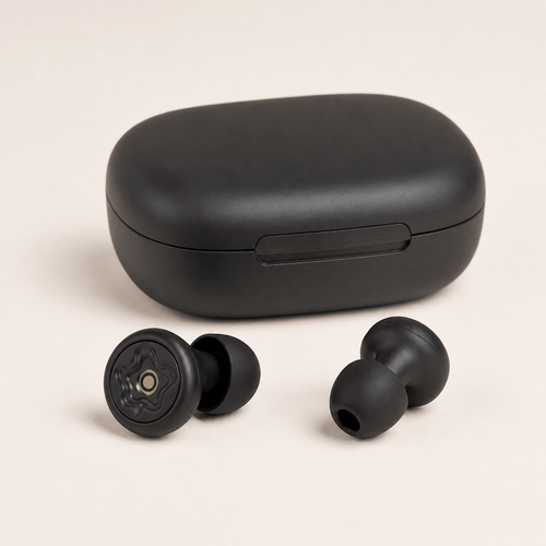 Black TUCK Plugs motorcycle earplugs beside their matte black carry case