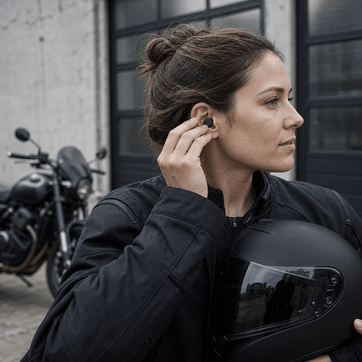 Rider fitting a black TUCK Plug into her ear while holding a matte black helmet beside her motorcycle