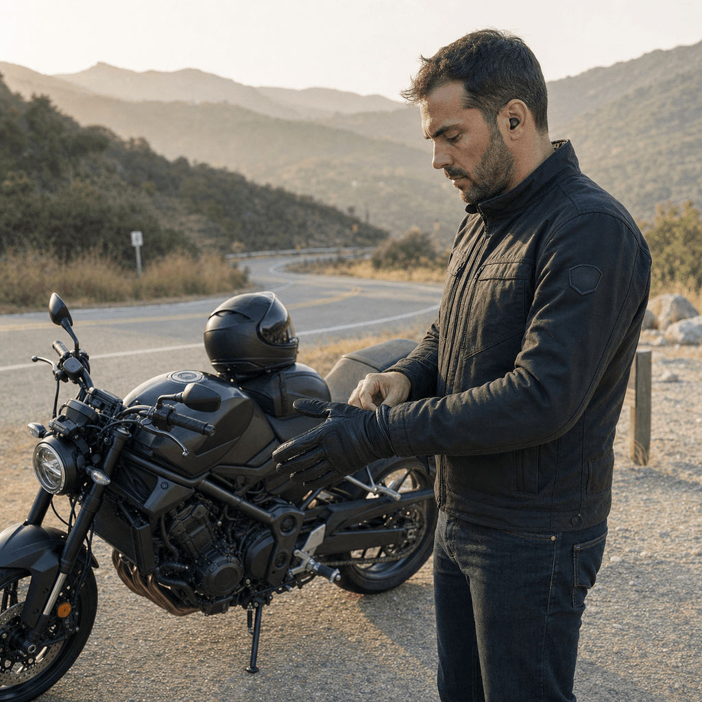 Rider wearing black TUCK Plugs pulling on his gloves beside his motorcycle on a mountain road at sunset