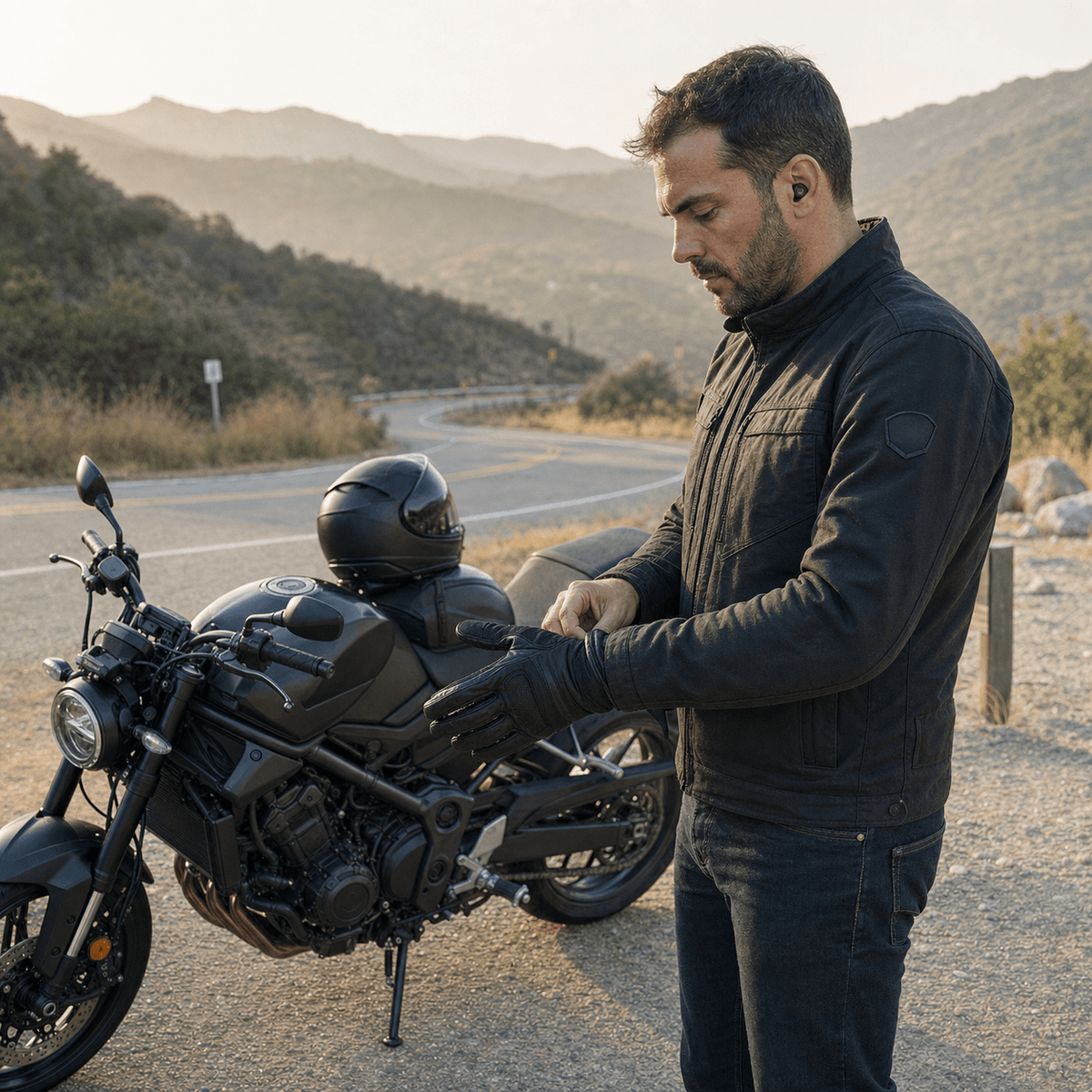Rider wearing black TUCK Plugs pulling on his gloves beside his motorcycle on a mountain road at sunset